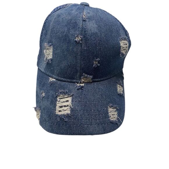 CC Distressed Denim Mesh Back High Ponytail Ball Cap Trucker Hat Adjustable - Picture 3 of 10